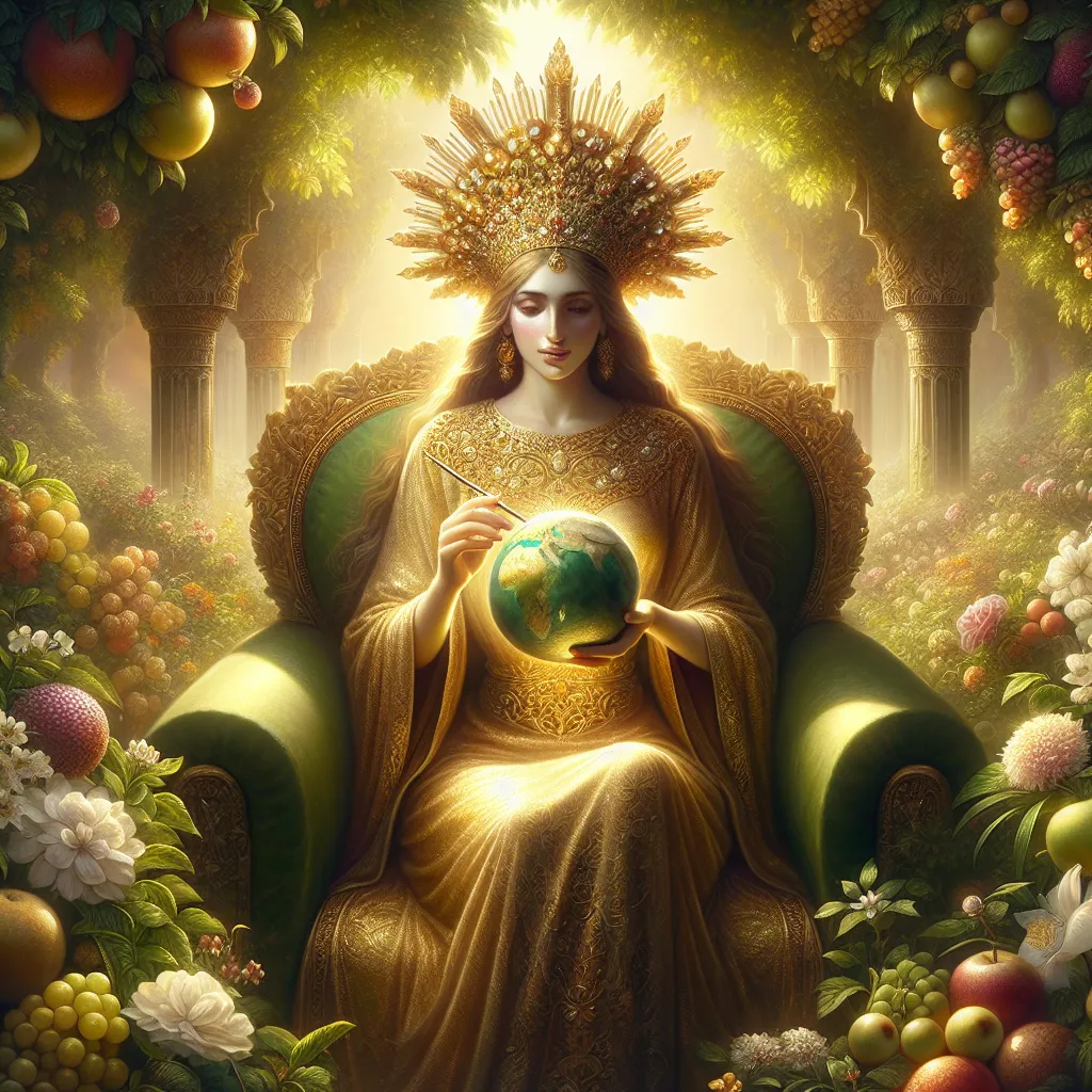 Create an image of a regal and nurturing Middle-Eastern female figure bathed in soft golden light. She sits upon a verdant green throne secluded in a fertile, teeming garden that is laden with an array of fruits and blooming flowers, representing abundance. Her head is adorned with a crown encrusted with twelve luminous stars, and her face bears a gentle and welcoming expression. In her right hand, she grips a shiny golden scepter, which stands for her power and authority, and in her lap, tenderly she holds a small terrestrial globe, signifying her caring and motherly nature. This illustrates an iconic symbol of creativity, bounty, and the strength of a mother, The Empress.