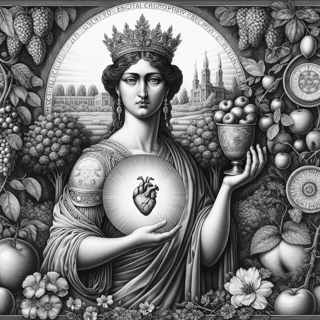 A highly detailed drawing of a Caucasian empress, projected with stoicism against the backdrop of a lively nature scene that conveys growth and care. She's encircled by thriving fruit trees and blossoming flowers, suggesting plentiful resources. One of her hands rests softly on a massive emblem of a heart, symbolizing her nurturing demeanor. Her other hand holds a gold goblet, an icon of igniting creativity. Her gown is luxurious and befitting an empress, covered with symbols of philosophical principles, signifying her wisdom.