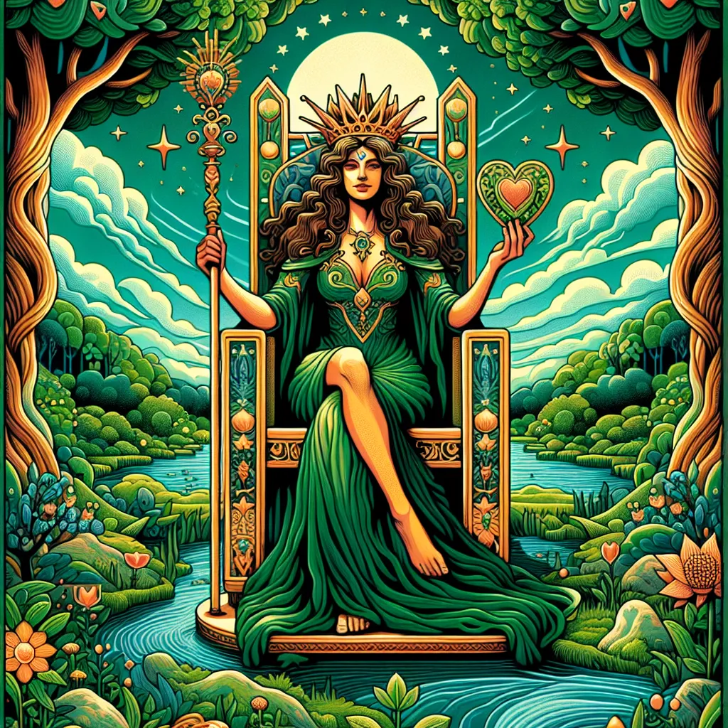 An illustrative representation of a tarot card, The Empress. The Empress is seated on a luxurious throne in a vibrant lush, green landscape, embodying fertility and abundance. She wears a crown of stars and holding a scepter, symbolizing her power. Her other hand rests on a shield emblazoned with a heart symbol, indicating her nurturing nature. The atmosphere is serene, filled with prosperity and tranquility. Add some elements of stoic symbolism, such as a robust tree symbolizing resilience and a flowing river depicting the perpetual flow of life.