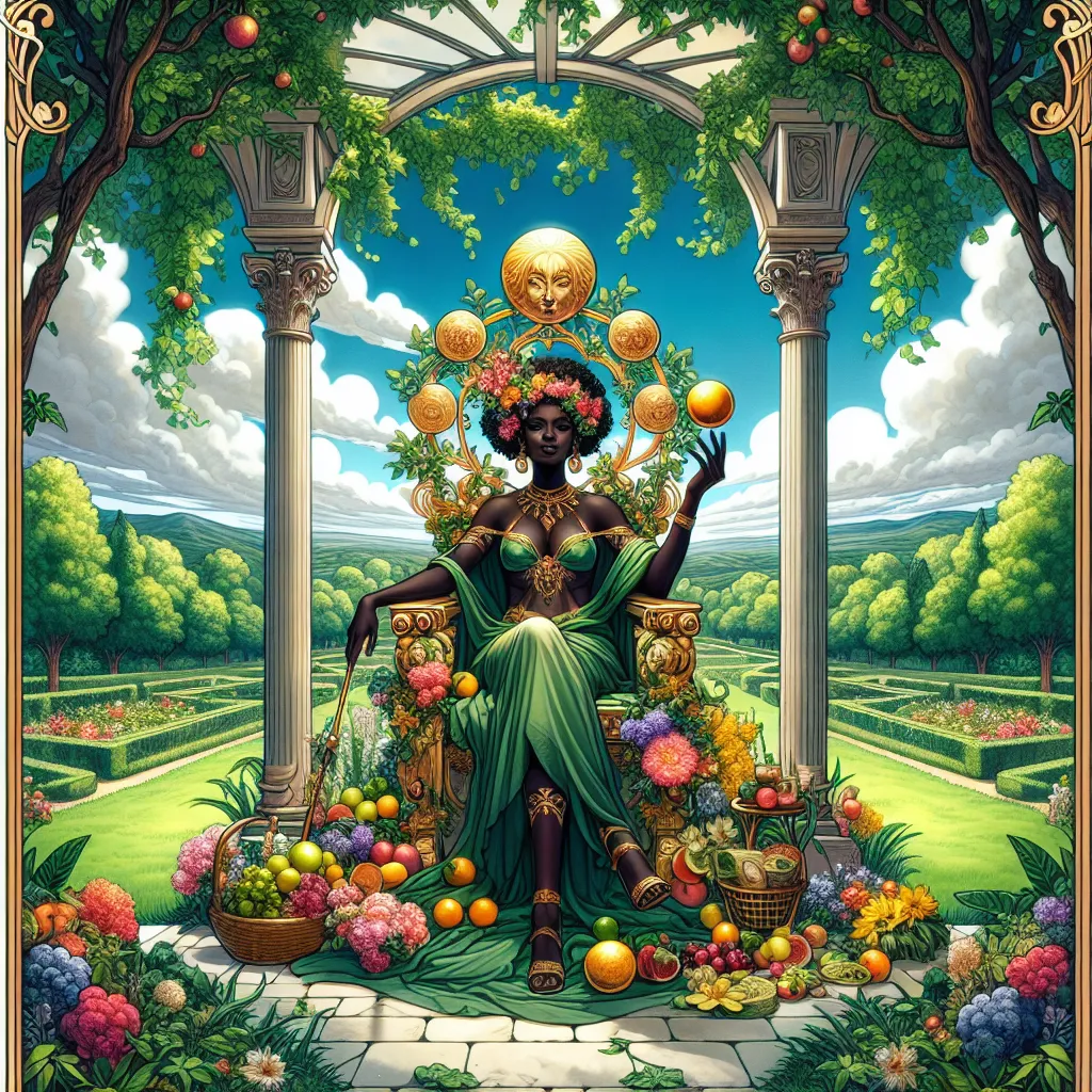 Imagine a scene featuring a Black woman comfortably seated upon an opulent throne, enveloped by a verdant and lush garden. The throne is adorned with resplendent floral designs, ripe fruits, and symbols of prosperous life, signifying her connection to nature. It's situated under a gazebo intertwined with ivy, offering shade from the grand trees teeming with lush green leaves. She confidently wields a scepter in one hand, symbolizing her authority, and cradles a radiant sphere, embodying her creative aura, in the other. This scene mirrors the representation of The Empress tarot card, encapsulating her qualities of strength and nourishing creativity. The backdrop of this vivid depiction is a picturesque landscape, displaying a clear and bountiful day teeming with vivacious life.