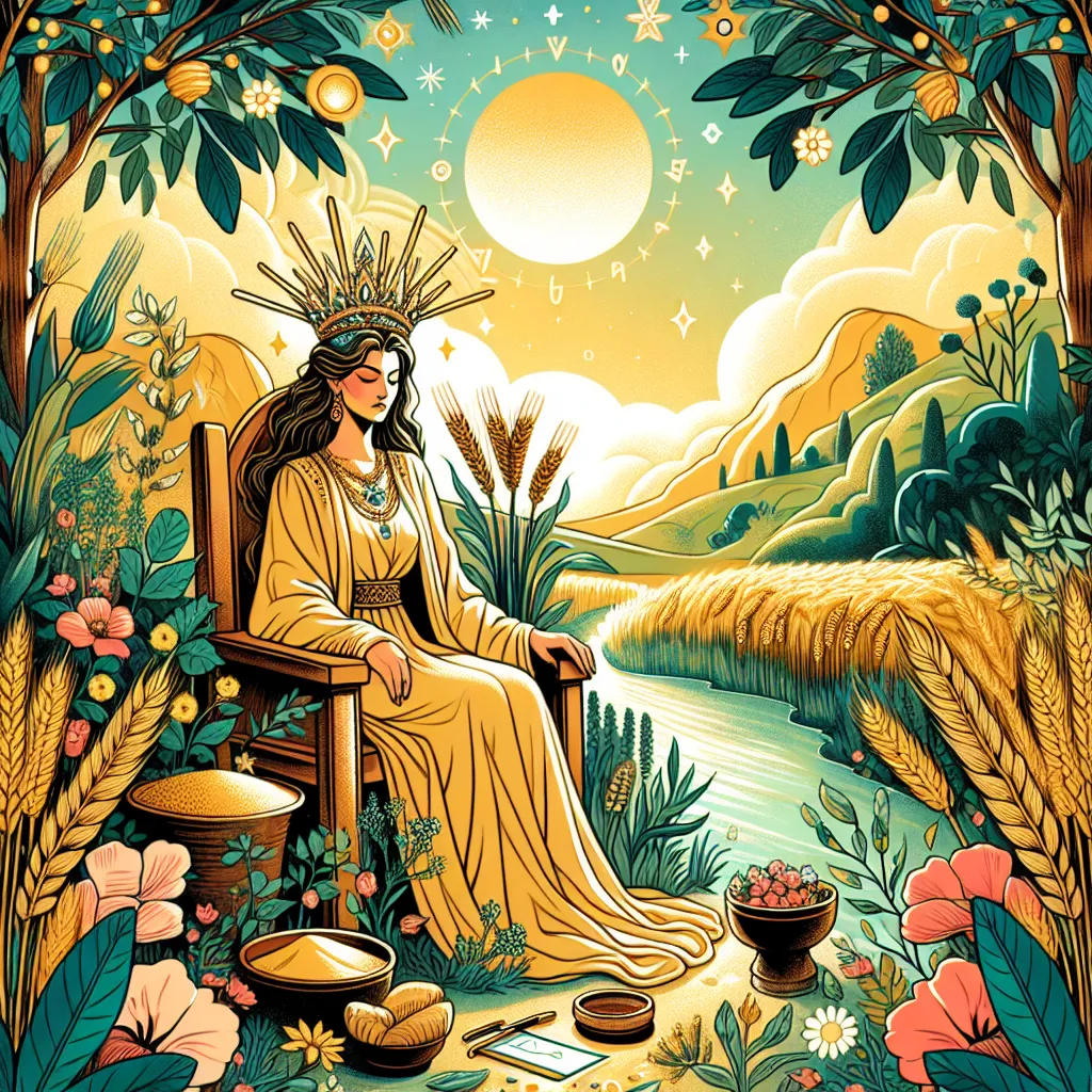 Create a vibrant and lush illustration of The Empress tarot card to be used as a hero image for a blog post. The scene should include a regal woman seated on a throne in nature, surrounded by symbols of fertility and abundance such as wheat fields, flowing rivers, and blooming flowers. She wears a crown of stars and exudes warmth and nurturing energy. The atmosphere is serene and inviting, with a soft, golden glow of sunlight infusing the scene.