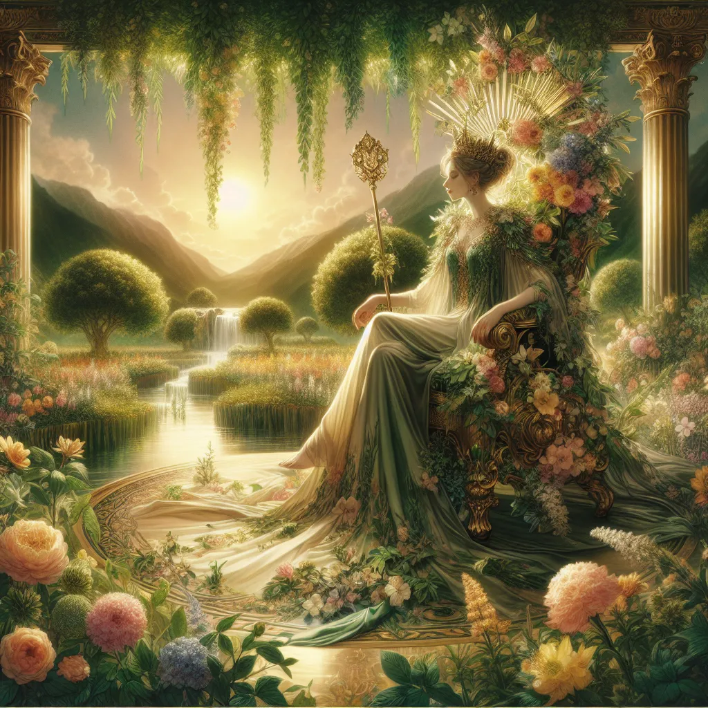 Create a majestic depiction of The Empress tarot card imagery. Visualize a graceful, nurturing woman seated on a luxurious throne amidst a lush, abundant garden. Her gown is decorated with lavish greenery and florals symbolizing fertility and growth. She holds a golden scepter and wears a crown adorned with stars. Surround the scene with flowing water, lush fields, and trees in full bloom to emphasize the themes of abundance and creativity. The atmosphere is warm and inviting, bathed in the soft glow of a setting sun, capturing the essence of nurturing energy and beauty.