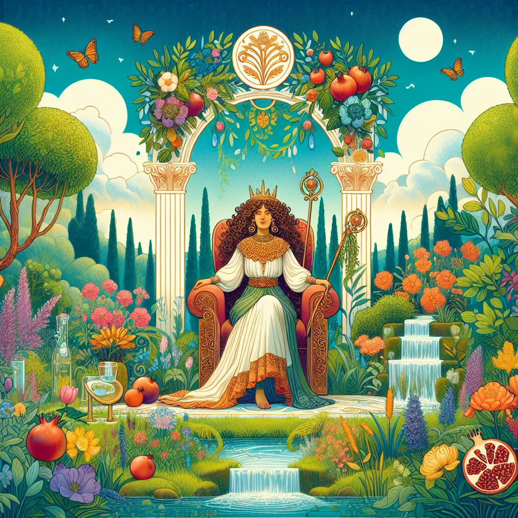 Create a vivid and enchanting illustration of The Empress tarot card. The scene should depict a serene, lush garden filled with vibrant flowers and flourishing greenery under a clear blue sky. The Empress, a graceful woman with long flowing hair, is seated on a plush throne adorned with symbols of abundance, such as pomegranates and wheat. She holds a scepter symbolizing her authority over the natural world. Around her, nature thrives harmoniously, with gentle streams and butterflies fluttering. The atmosphere should feel nurturing, abundant, and nurturing, evoking a sense of creative potential and peace.