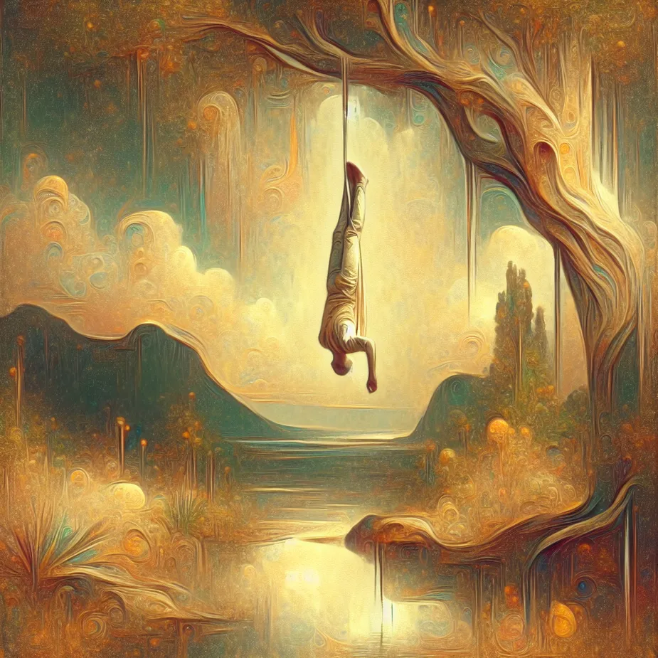 Generate an image of The Hanged Man Tarot card in a serene and ethereal environment. Picture a man hanging upside-down in tranquility, suspended from a tree. He is enveloped by soft, subdued earthy hues peppered with strokes of vibrant hues, symbolizing optimism. The atmosphere around him bathes the surroundings in a gentle, luminous glow. Include minor symbolic suggestions of tumult and foresight as a subtle reference to the other two tarot cards. The whole scenery should exude a sense of tranquillity, encouraging introspection and deep thinking, all imbued with a subtle hint of transformative energy.