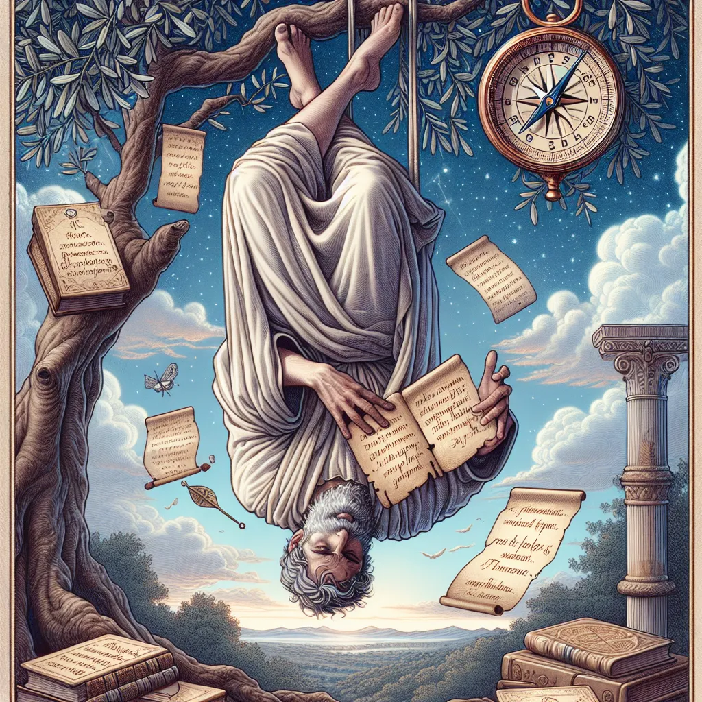 A stoic philosopher of Caucasian descent, hanging upside down from an olive tree amidst a backdrop of ancient books and scrolls. He appears lost in deep thought. In one hand, he clutches an antique compass, signifying the navigation through unpredictable changes in life. In the other, he has a worn-out, ancient parchment with Stoic quotes carefully inscribed in exquisite calligraphy. This serene and wise image is a representation of the Hanged Man tarot card, speaking volumes about calmness, wisdom, and introspection. The background situates him under a tranquil, starlit night sky. The overall color palette is soft and airy, with a touch of mystical hues.
