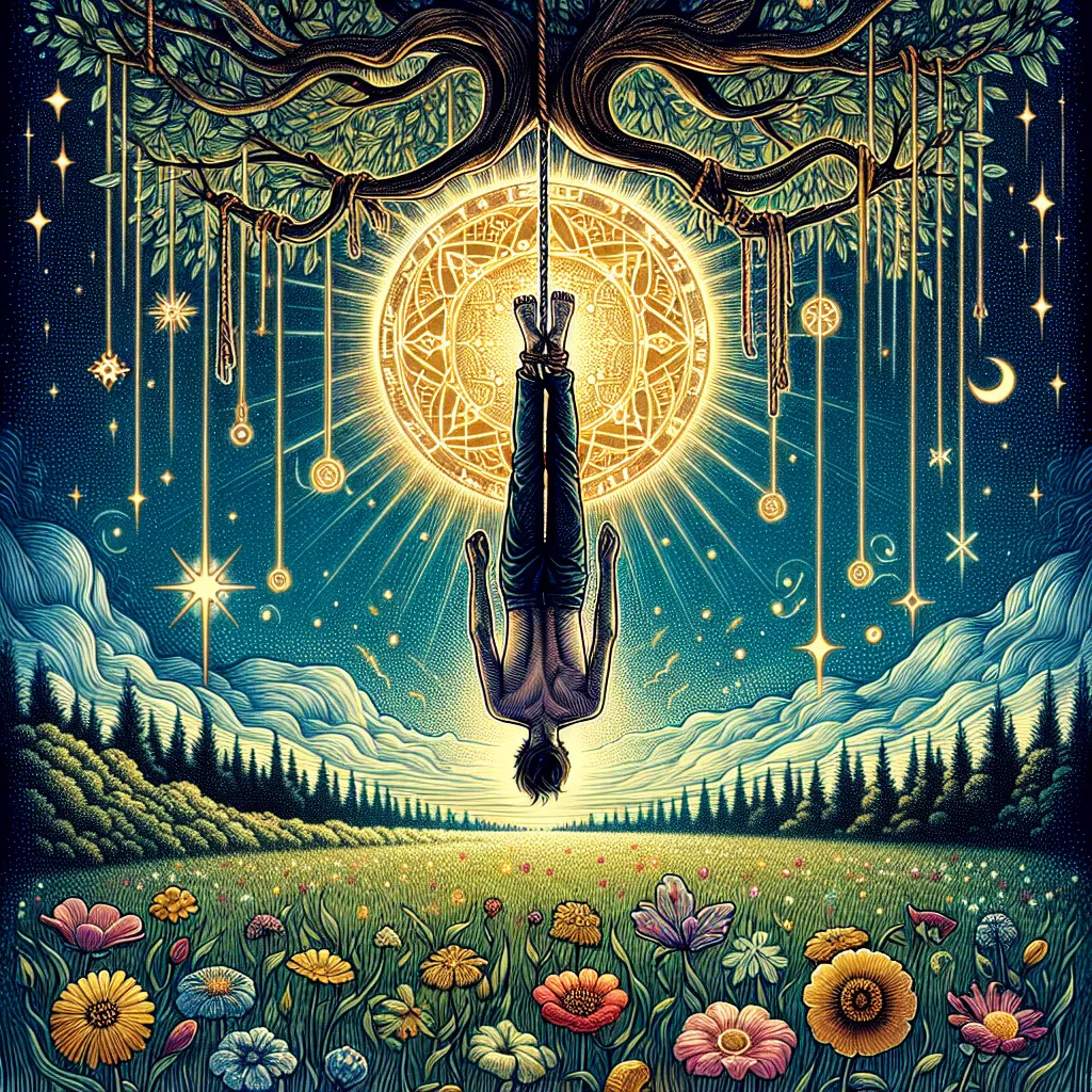 Create an intricate and vivid image embodying the meaning of a Tarot card named 'The Hanged Man'. The principal character is a man hanging upside-down who appears serene, untroubled, and sagacious, lightly tied to the cosmic tree and enveloped by a soothing aura. Beneath him, a rich meadow filled with blossoming flowers exemplifies unhurried growth, whereas in the backdrop a radiant sun denotes the assurance of a fresh start. High in the celestial expanse, a handful of stars twinkle subtly, representing perpetual optimism amidst adversities.