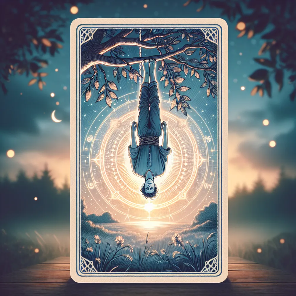 Create a mystical and serene illustration of a tarot card featuring The Hanged Man. The central figure is suspended upside down from a tree branch by one foot, calmly gazing towards the horizon. Surround the figure with an ethereal glow, set against a tranquil nature background at twilight. Emphasize the themes of reflection and perspective with gentle details like fluttering leaves and a soft, luminescent aura around the figure. Capture the essence of stillness and enlightenment found in classical tarot card imagery.