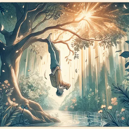 Illustrate a serene scene of The Hanged Man tarot card in an ethereal forest setting. A calm figure is hanging upside down by one foot from a tree branch, surrounded by gentle, soft light filtering through the leaves, conveying a sense of tranquility and reflection. The figure is relaxed and shows a contemplative expression, symbolizing acceptance and surrender. Include subtle elements such as a hint of flowing water and a background of lush greenery to emphasize the theme of peace and new perspective.