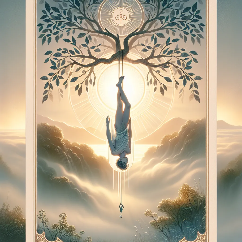 Create an image of The Hanged Man tarot card featuring a serene figure hanging upside down by one foot from a tree, surrounded by an ethereal, tranquil landscape. The background should feature a golden sunrise peeking through soft mist, casting gentle light onto the figure who wears a peaceful expression. The setting should convey a sense of calm surrender and contemplation, with leaves softly swaying in the breeze. Incorporate traditional tarot card elements such as a halo around the figure's head to symbolize enlightenment, and the tree branches should be artistically intertwined with symbols of growth and insight.