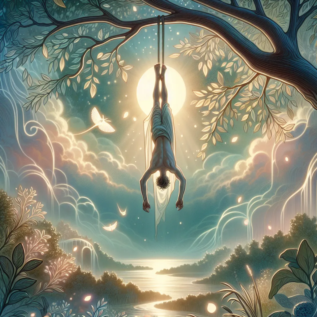 Create an artistic representation of The Hanged Man tarot card. The scene should feature a serene figure suspended upside down by one foot from a tree branch, with an aura of calm and tranquility. The background should include a mystical, ethereal landscape with soft colors and gentle light filtering through leaves. Emphasize the themes of perspective, surrender, and enlightenment with subtle symbolic elements in the environment, such as fluttering leaves or slowly flowing water, conveying a sense of reflection and inner peace.