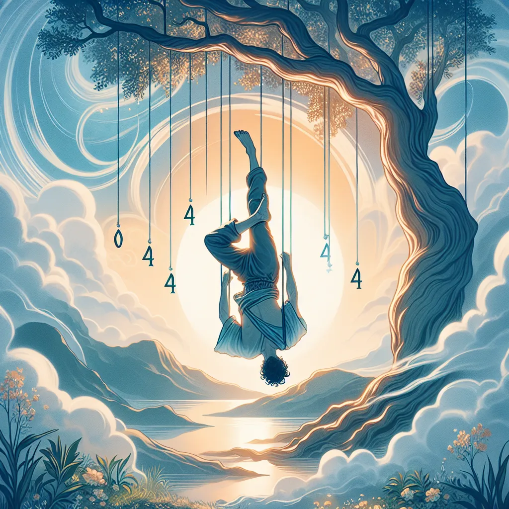 Create a mystical and serene illustration of The Hanged Man tarot card. Depict a serene scene with a man hanging upside down from a tree, one leg crossing the other to form a numeral '4'. Surround him with a soft, ethereal glow. The background should feature a tranquil landscape with a clear blue sky and gentle, swirling clouds. The atmosphere conveys a sense of reflection, calm, and meditative surrender, highlighting the theme of perspective shift and enlightenment.