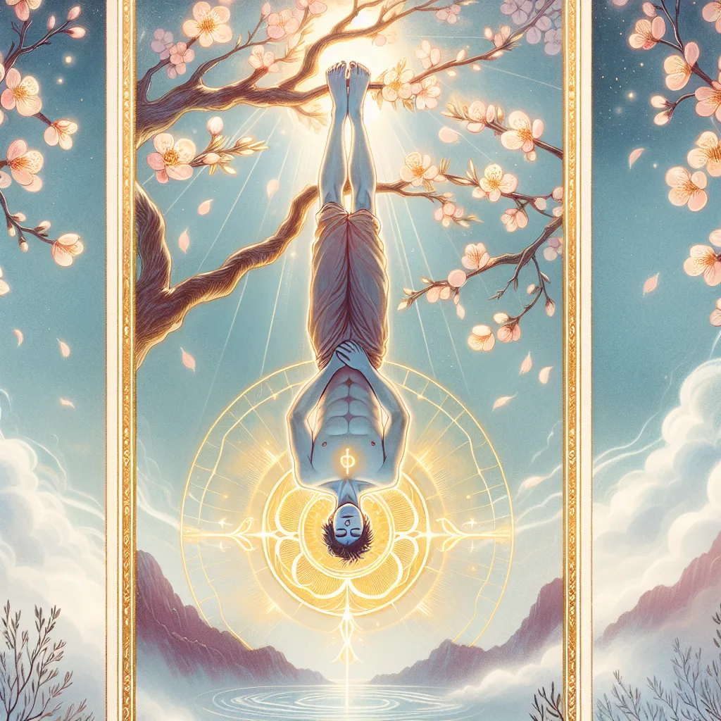 An ethereal illustration of The Hanged Man tarot card featuring a serene figure suspended upside down by one foot from a blossoming tree branch. The figure has a calm and introspective expression, with luminous golden light emanating around the head resembling an aura. The background is a tranquil, dreamlike landscape with misty mountains and a pastel-colored sky, evoking a sense of peaceful reflection and new perspectives.