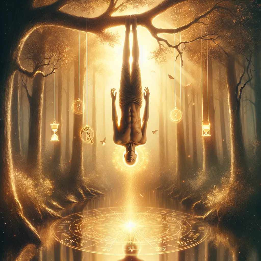 Create an artistic and metaphorical depiction of The Hanged Man tarot card. Imagine a serene figure suspended upside down from a branch, surrounded by a halo of soft golden light symbolizing enlightenment. The background should be a tranquil and introspective forest scene bathed in dawn's light, with soft shadows and delicate leaves whispering in the morning breeze. The figure's expression is calm and contemplative, exuding a sense of acceptance and patience. Symbolic elements like a glowing key or an hourglass could subtly hint at the themes of time, perception, and inner wisdom.
