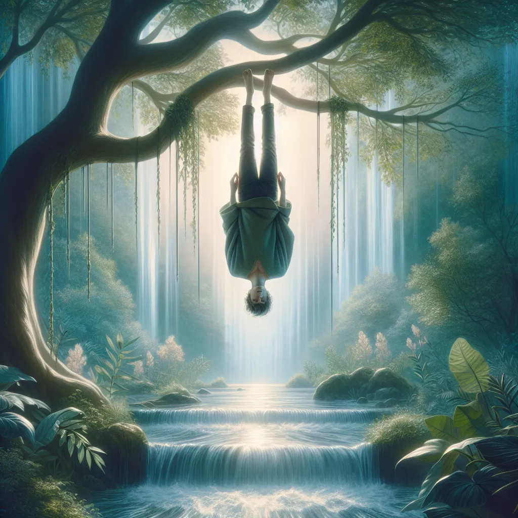 Create an artistic representation of The Hanged Man tarot card: A figure suspended upside-down from a tree, surrounded by serene natural elements like gentle flowing water and soft light filtering through leaves. The expression on the figure is calm and contemplative, symbolizing introspection and new perspectives. The scene evokes tranquility and the concept of pausing to view life from a different angle, blending elements of tarot mysticism with a serene, ethereal atmosphere.