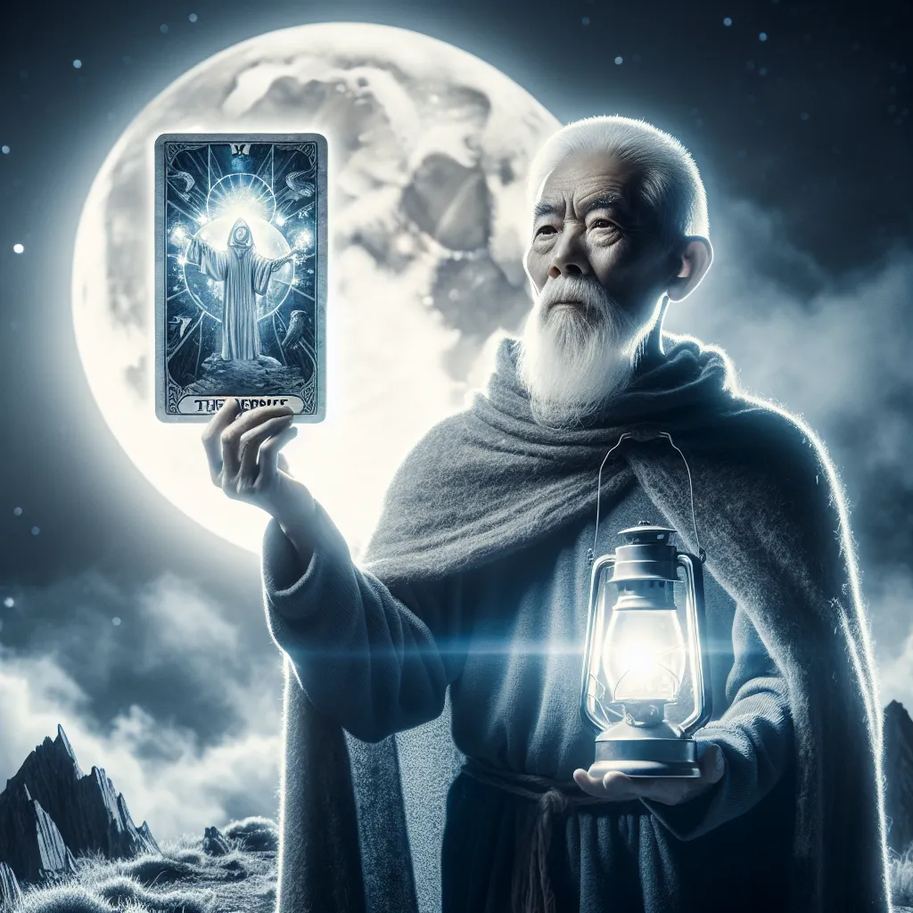 An elderly and wise figure of Asian descent stands tall on a mountain peak, bathed in the silver light of the full moon. He loftily displays a luminescent, oversized Tarot card, 'The Hermit'. The harshness and isolation of the mountain peak under the moonlight accentuate his solitude. The figure is swathed in a cloak, an emblem of introspection and self-contemplation. His eyes radiate compassion as they focus on the lantern that illuminates his journey ahead.
