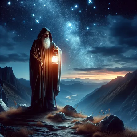 Create an image of The Hermit tarot card. Depict an elderly wise man standing on a mountain peak under a starry night sky. He holds a glowing lantern in one hand, illuminating his path. His cloak is flowing in the wind, symbolizing wisdom and solitude. Surround him with a serene, natural landscape of rocky terrain and a distant horizon. The atmosphere should evoke a sense of introspection and enlightenment.