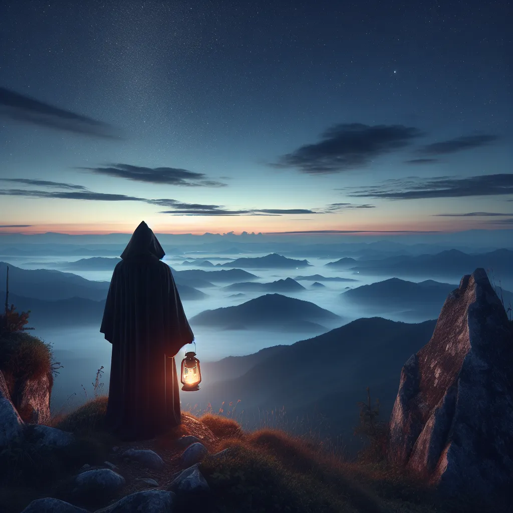 Create an image of a solitary figure in a cloak holding a lantern standing atop a serene mountain peak. The scene is at dusk, with a gentle, starry sky above. The Hermit is surrounded by mist with distant valleys visible, symbolizing introspection and wisdom. Include elements of nature like rocks and sparse trees in the surroundings for added emphasis on tranquility and solitude.