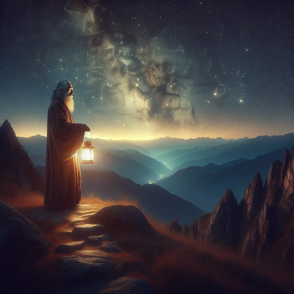 Create an image of an ancient, wise hermit standing alone on a mountain peak under a starlit sky. He holds a glowing lantern that casts a warm light, illuminating the rocky path ahead. The scene is serene and mystical, emphasizing solitude and introspection with a focus on the hermit's expression of calm wisdom. The landscape should convey a sense of elevated perspective and vastness, symbolizing inner reflection and enlightenment.