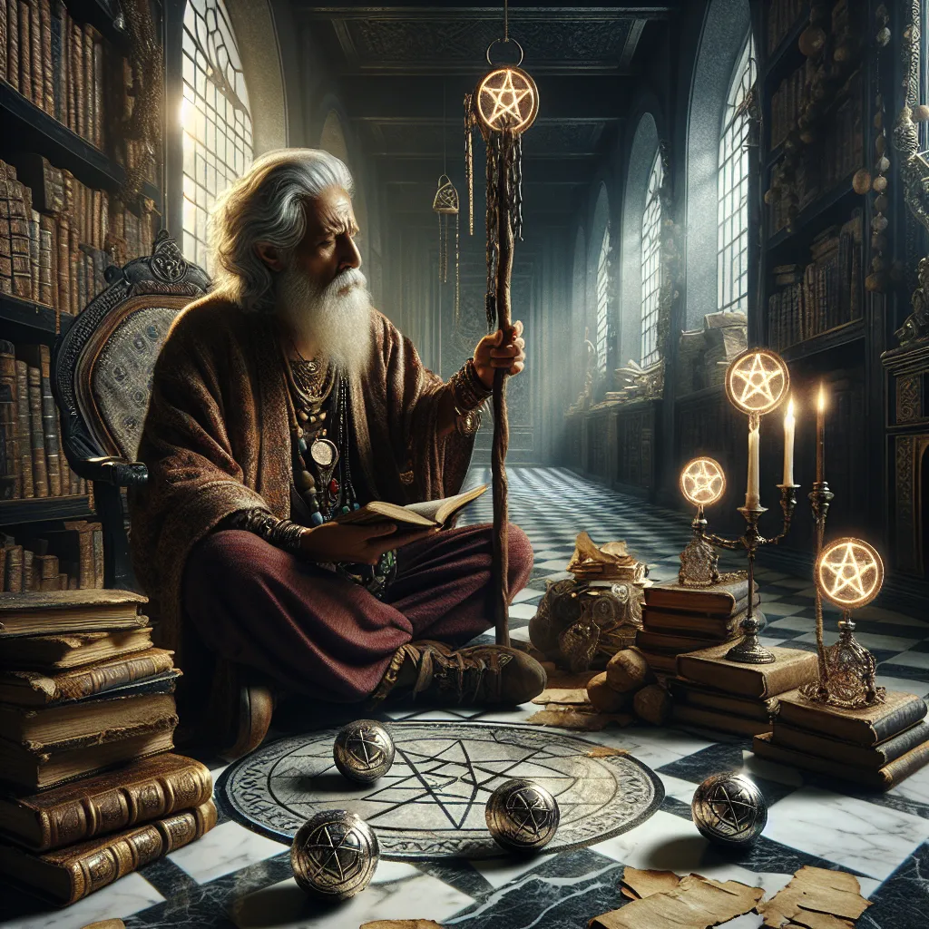 An image of a wise and elderly sage, personifying introspection and knowledge. This South Asian male is seated in a library-like ambiance reminiscent of antiquity and wisdom, surrounded by timeworn scrolls and volumes of books. He holds a spiritual staff in his hand, a representation of spiritual guidance. Adjacent to him, shine three lustrous pentacles, a reference to the Treasured three of the pentacles tarot card. Subtly lying on the marbled floor are a pair of shattered chains, a metaphorical symbol of freedom and breakthrough from suppression.