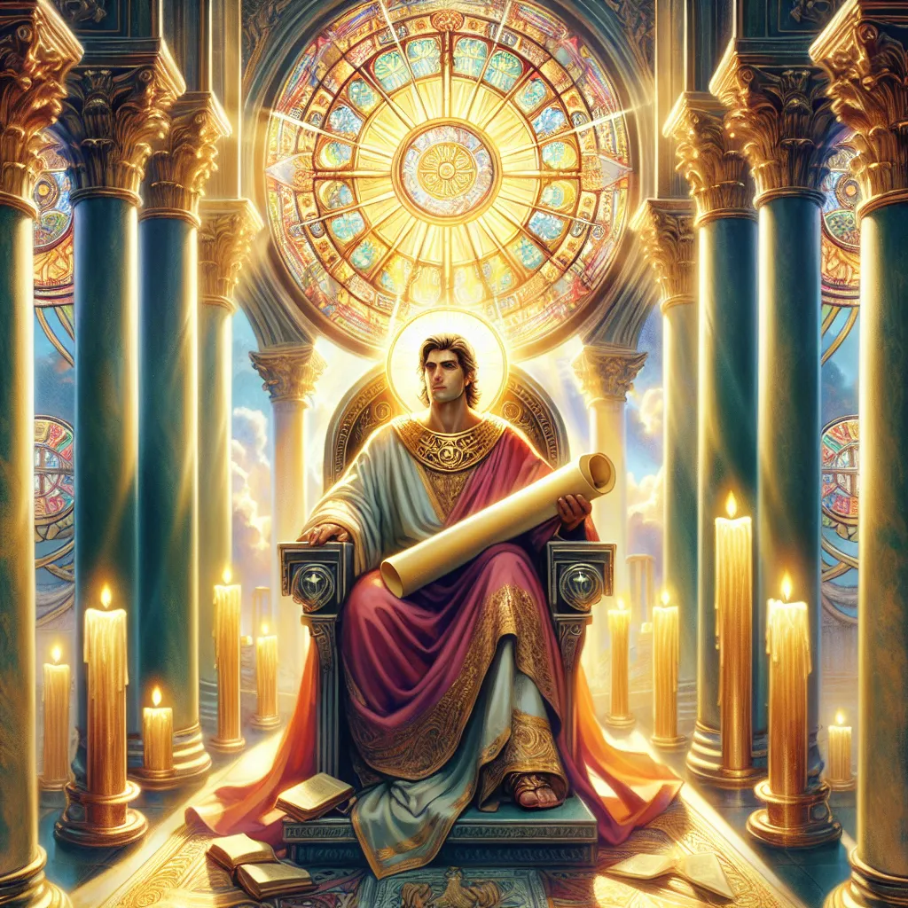 Create an image of The Hierophant from tarot, seated upon a throne in a majestic ancient temple. They are bathed in golden sunlight streaming through stained glass windows, holding a scroll signifying ancient wisdom. The surroundings include symbolically adorned pillars and ancient tomes, suggesting tradition and knowledge. Incorporate serene expressions and gentle gestures, reflecting their role as a spiritual guide and mentor. The atmosphere is both reverent and inviting, reminiscent of classical religious art with a touch of modern vibrancy and color nuances.