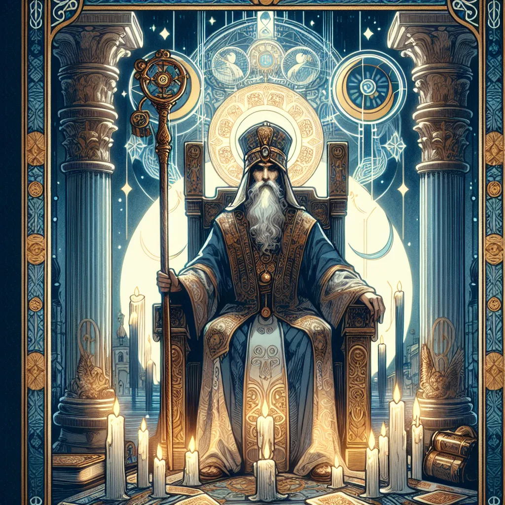 Create a digital illustration of The Hierophant tarot card. The image should depict a wise and serene figure seated between two ornate pillars, symbolizing the balance between tradition and mysticism. The Hierophant wears ceremonial robes with intricate patterns, holding a staff signifying spiritual authority. In the background, faint details of ancient scrolls, religious symbols, and glowing candles are visible. Use a palette of deep blues, golds, and whites to convey a sense of wisdom and tranquility. The atmosphere is both mystical and inspiring, reflecting the theme of spiritual guidance and inner knowledge.