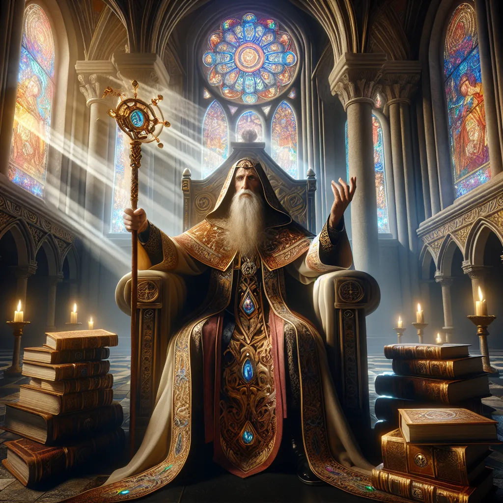 Create an image of The Hierophant, a wise and spiritual figure seated on a grand throne, embodying the bridge between the earthly realm and divine wisdom. The Hierophant is depicted as an elder with serene features, wearing ornate robes embellished with mystical symbols. They hold a staff in one hand, symbolizing authority and tradition, and are surrounded by ancient books and scrolls representing timeless knowledge. The setting is a majestic temple with stained glass windows casting colorful rays of light. The atmosphere exudes a sense of calm wisdom and philosophical depth.