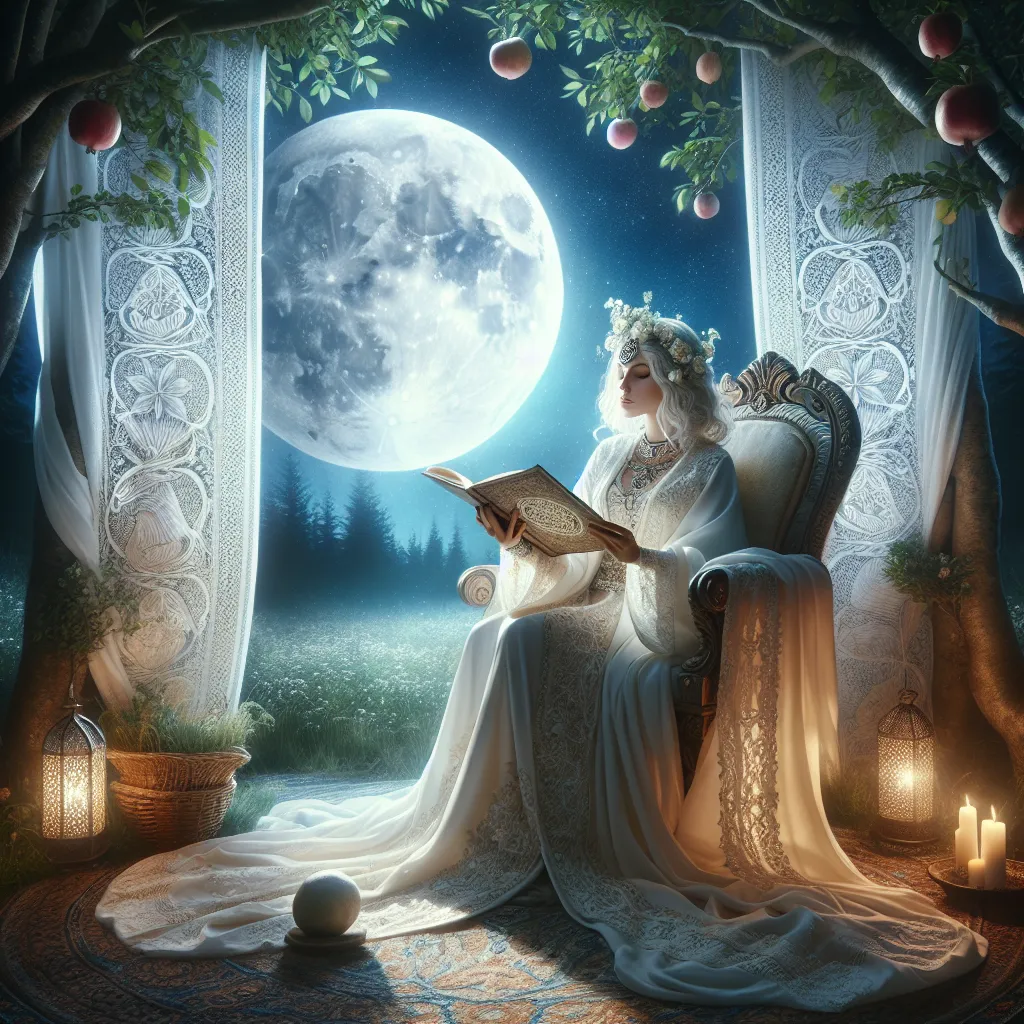 Create an image of a peaceful, white High Priestess seated on her elegant throne beneath the bright glow of a full moon. She finds herself within a sacred woodland, a mystical aura encompassing the area. Holding a scroll of wisdom gently in her hand, she's dressed in ornate attire symbolizing her bond with lunar cycles and innate intuition. A delicately woven curtain, decked with patterns of pomegranates, acts as a divider between the perceivable and hidden realms.