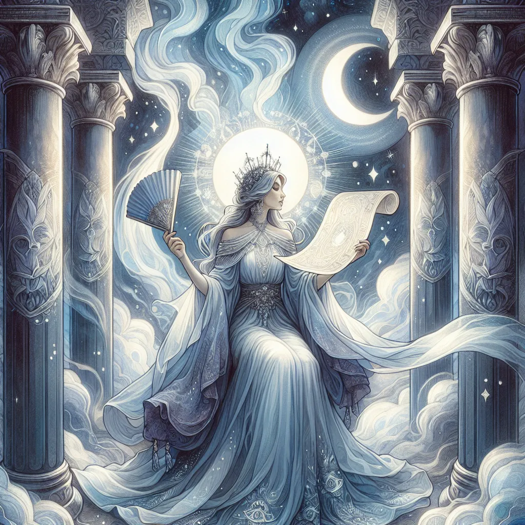 Create an ethereal illustration of The High Priestess from the tarot deck. Portray her seated gracefully between two tall, contrasting pillars, symbolizing duality. She holds a scroll partially unfurled, symbolizing hidden knowledge. Her attire is majestic and flowing, adorned with celestial motifs. Surround her with an aura of mystic blue and silver light, reflecting her deep connection to intuition and the subconscious. Include subtle elements of nature, like crescent moons and softly glowing stars in the background, to enhance the sense of mystery and inner wisdom.