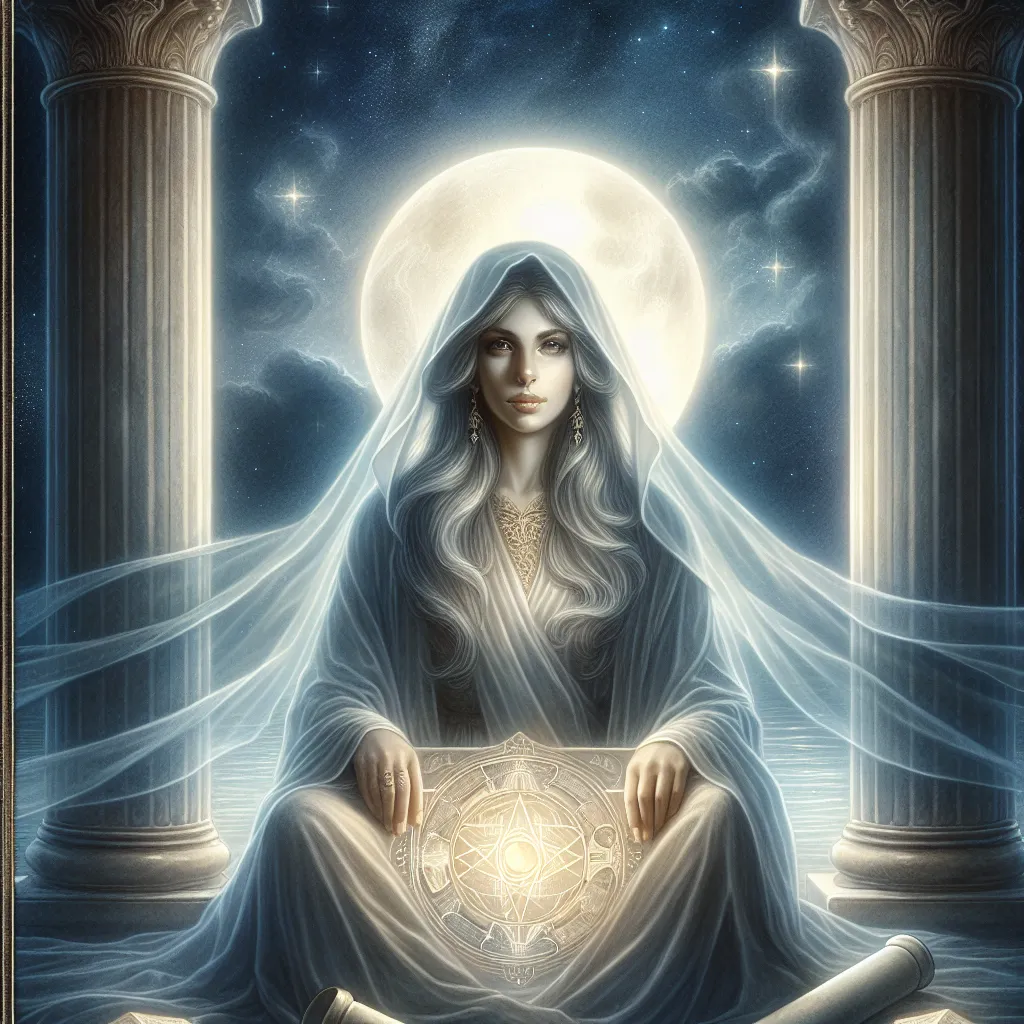 Create an ethereal and mystical image of The High Priestess from the tarot. She is depicted as a serene woman with long flowing robes, sitting between two pillars representing duality. She holds an ancient scroll symbolizing hidden knowledge. In the background, a moonlit night casts a gentle glow, and a veil of stars enhances the atmosphere of wisdom and mystery. Her expression is calm, exuding confidence and insight, inviting viewers to delve into the realm of intuition and deeper understanding.