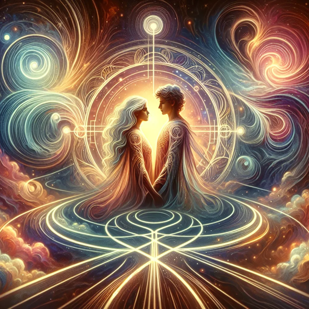 Imagine an image portraying a rendition of a tarot card known as 'The Lovers.' It is characterized by the presence of two figures, a male and a female, both of Caucasian descent. These individuals emanate an aura of unity and profound connection as they hold each other's gaze. They stand at the confluence of two crisscrossing paths, symbolizing a momentous decision in the offing. Surrounding them is an ambiance of magical guidance and heavenly participation, saturating the scenario with a feeling of sacred duality. This mystic tarot design is further magnified by an ethereal glow that spirals around them, creating a compelling, spiritual backdrop for the unfolding narrative.
