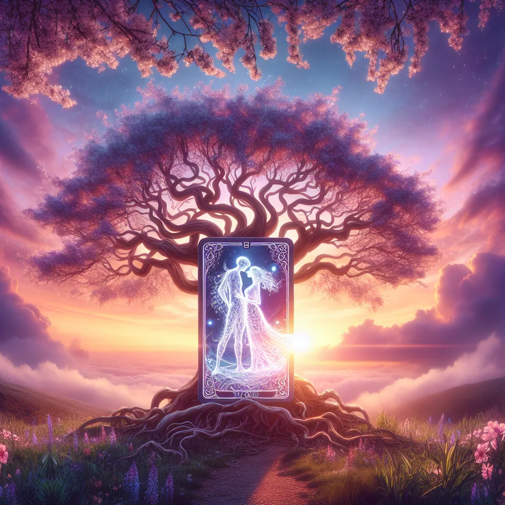 Create a mystical and dreamlike depiction of a classic interpretation of 'The Lovers' tarot card. The card is situated outdoors under an enormous tree in full bloom, its twisted branches expressing the entwined destinies of the lovers. The figures on the card are composed of a mirror-like substance and reflect the surrounding nature signifying unity and interconnectedness. Light illuminates from the card, emanating a warm radiance that illuminates the entire scene. The background features a gorgeous sunset that tints the sky in shades of lavender and orange, symbolizing the conclusion of one phase and the anticipation of a new one. The illustration should exude sentiments of harmony, affection, and unity.