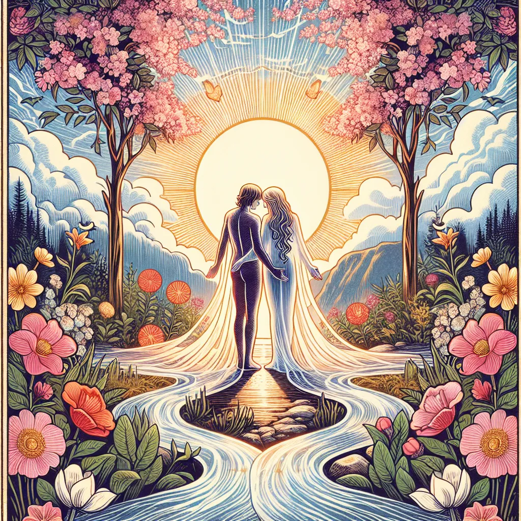 Create an image of 'The Lovers' tarot card featuring two ethereal figures standing in a lush, serene landscape filled with blooming flowers and a radiant sun setting in the background. Include a gentle stream that flows between them symbolizing unity and connection. The figures should be illustrated with an embrace that exudes harmony and mutual respect. Their expressions are peaceful and filled with a sense of choice and alignment with their inner values. Include subtle representations of choice, such as a path branching in two directions, to emphasize the deeper symbolic meaning of the card.