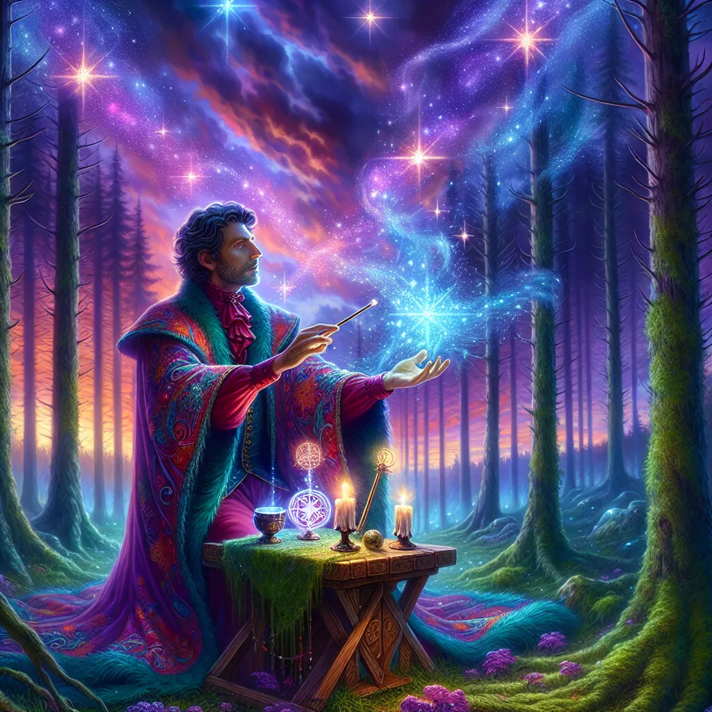Illustrate an image of The Magician tarot card set in an enchanted forest during dusk. The sky is awash with dramatic hues of purples and blues. The Magician is donned in an incredibly detailed, vibrant robe, and is seen conjuring an ethereal starlit energy between his hands. His wooden table, nestled on a bed of green moss, is adorned with the four traditional symbols of tarot - a slender wand, a finely crafted cup, a sharp sword, and a shining pentacle. The mystical energy emanating from The Magician's hands is illuminating the entire forest around him, imbuing a sense of magic and wonder.