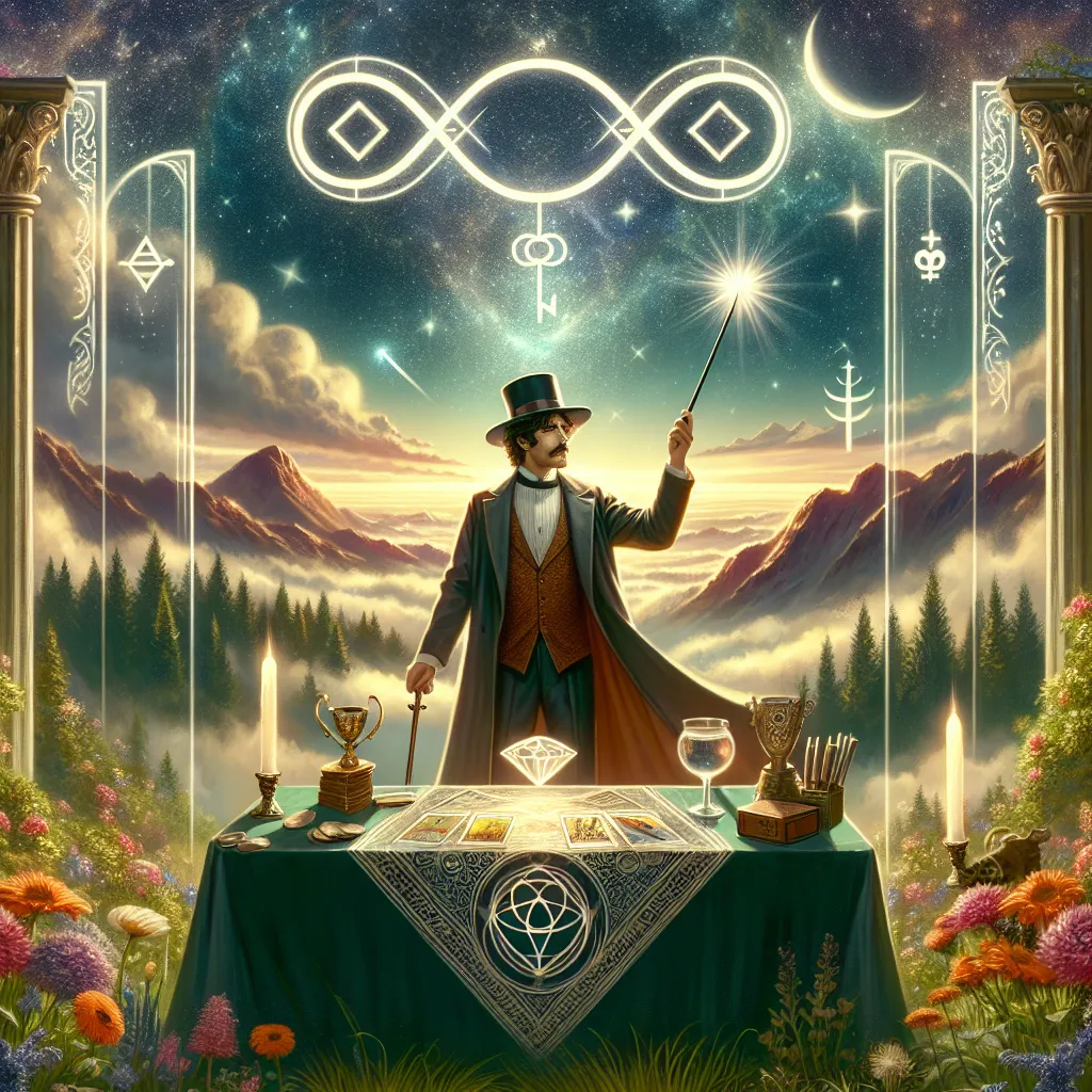 Create an enchanting and mystical depiction of The Magician from tarot card imagery. The scene should depict a charismatic magician standing confidently between earth and sky, with a wand raised high. Include classic elements like the infinity symbol above his head and a table with symbolic tools—a cup, a pentacle, a sword, and a wand. The background should feature a lush garden with vibrant flowers and distant mountain peaks under a starlit sky. The atmosphere should be one of divine inspiration and potential.