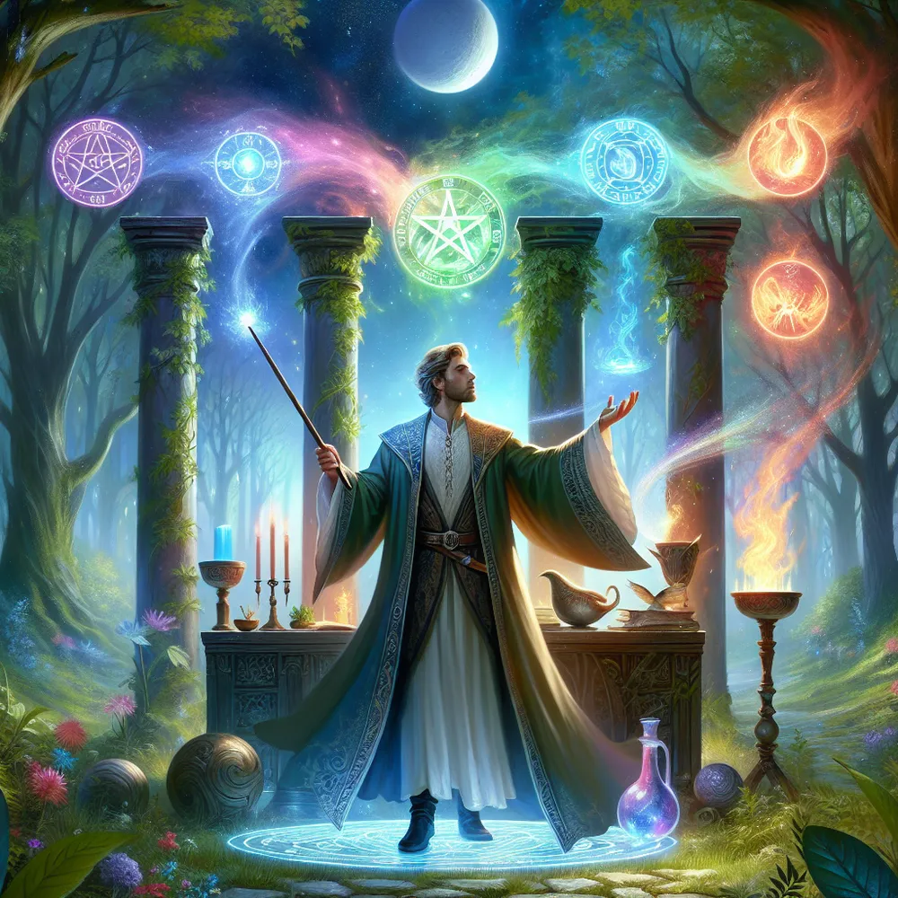Create a mystical scene featuring a powerful magician standing before an altar in a lush, enchanted forest. The magician is holding a wand aloft, channeling energy from the sky. Surrounding him on the altar are symbols of earth, air, fire, and water, each represented by elements like a pentacle, a sword, a chalice, and a wand. The scene is imbued with vibrant colors and a sense of magical transformation, with ethereal light emanating from the surroundings, highlighting the magician's expression of focused concentration and mastery.