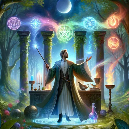 Create a mystical scene featuring a powerful magician standing before an altar in a lush, enchanted forest. The magician is holding a wand aloft, channeling energy from the sky. Surrounding him on the altar are symbols of earth, air, fire, and water, each represented by elements like a pentacle, a sword, a chalice, and a wand. The scene is imbued with vibrant colors and a sense of magical transformation, with ethereal light emanating from the surroundings, highlighting the magician's expression of focused concentration and mastery.