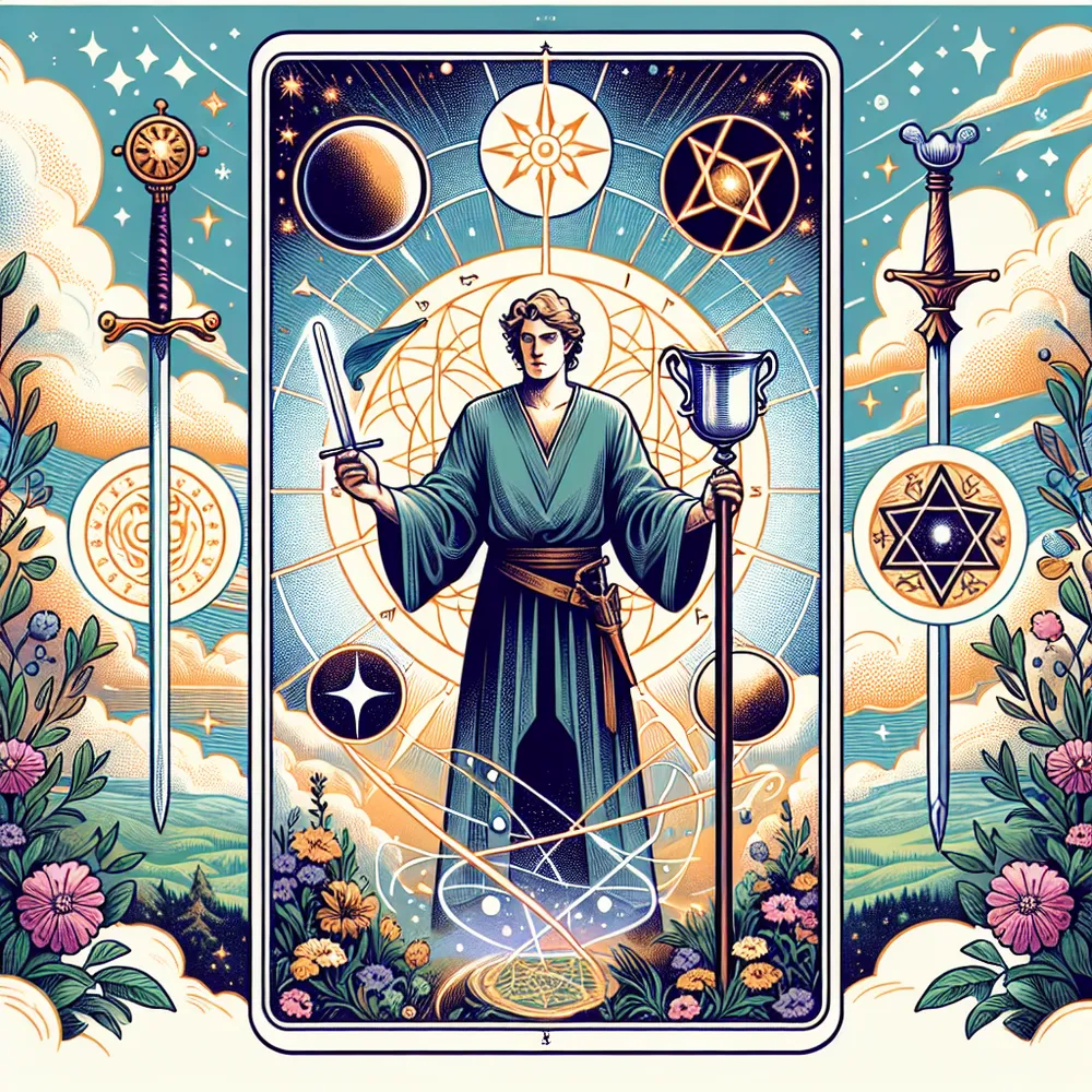 Create an image of The Magician from a tarot card, featuring a confident figure standing with one hand pointed to the heavens and the other towards the earth. Surround them with symbols of the four elements: a cup, a sword, a wand, and a pentacle, all representing resourcefulness and manifestation. The scene should be mystical and vibrant, with a background that includes celestial motifs and lush nature, symbolizing the connection between the spiritual and the material worlds.