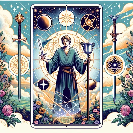 Create an image of The Magician from a tarot card, featuring a confident figure standing with one hand pointed to the heavens and the other towards the earth. Surround them with symbols of the four elements: a cup, a sword, a wand, and a pentacle, all representing resourcefulness and manifestation. The scene should be mystical and vibrant, with a background that includes celestial motifs and lush nature, symbolizing the connection between the spiritual and the material worlds.