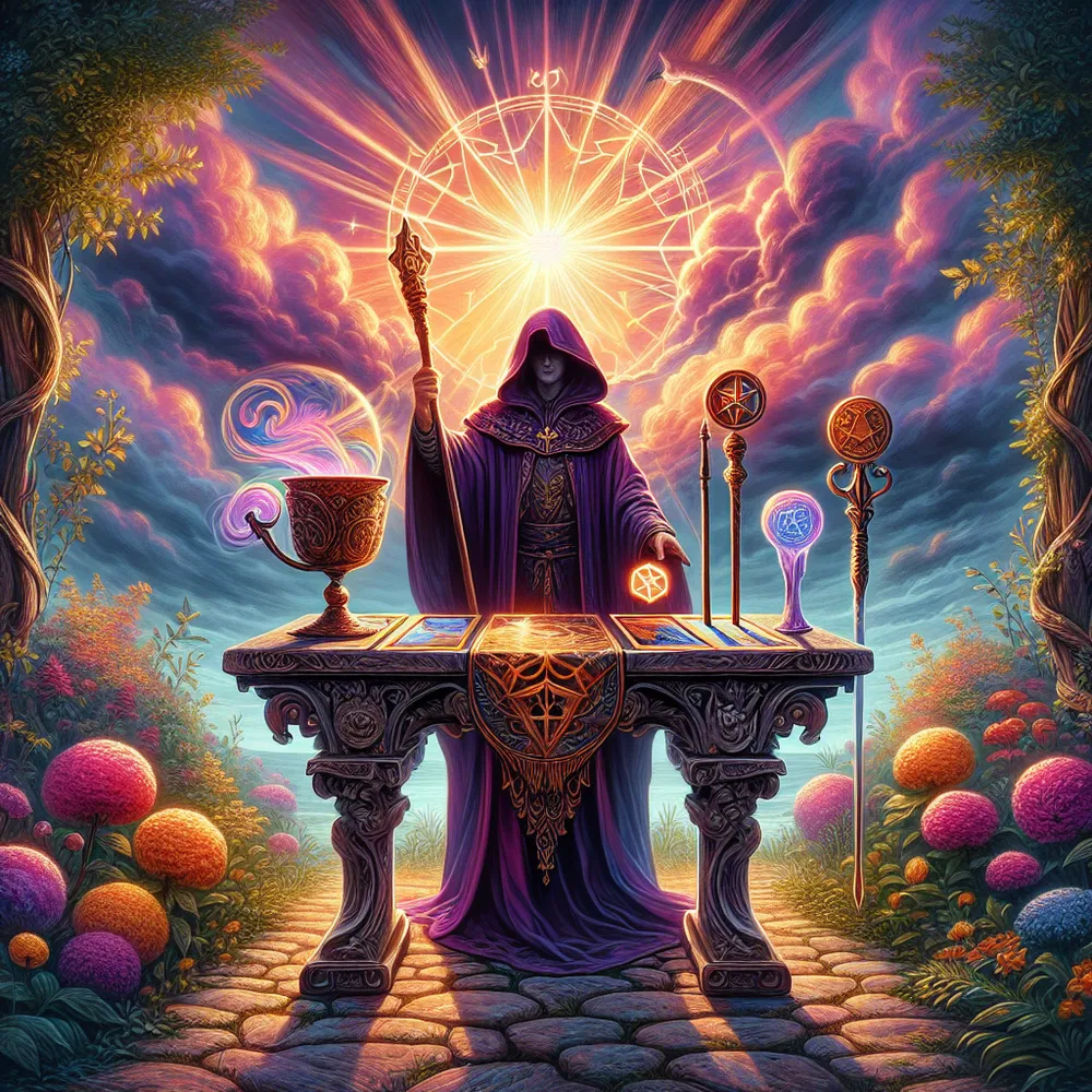 Create an image of a mystical scene featuring The Magician from tarot. Depict a wise figure standing at an ornate, ancient table outdoor in a lush garden. The table is adorned with symbolic tools of the elements: a wand, a cup, a sword, and a pentacle. The Magician is elegantly robed in a deep purple cloak, with one hand pointing towards the sky and the other towards the earth, symbolizing the connection between the spiritual and the earthly realms. The background is a vibrant burst of colors representing the energy and potential of transformation, evoking an atmosphere of magical realism.