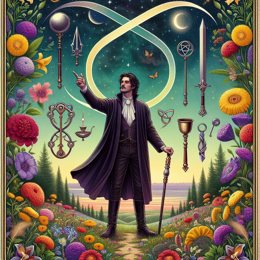 Create an image of The Magician card from the tarot deck. The Magician is a figure standing confidently, with one hand pointing to the sky and the other towards the earth, symbolizing the connection between the divine and the earthly. He stands surrounded by tools of manifestation — a wand, a cup, a sword, and a pentacle. A lush garden backdrop with colorful flowers symbolizes creativity and potential. Above him, an infinity symbol floats, representing infinite possibilities. The scene is imbued with a sense of mysticism and empowerment.