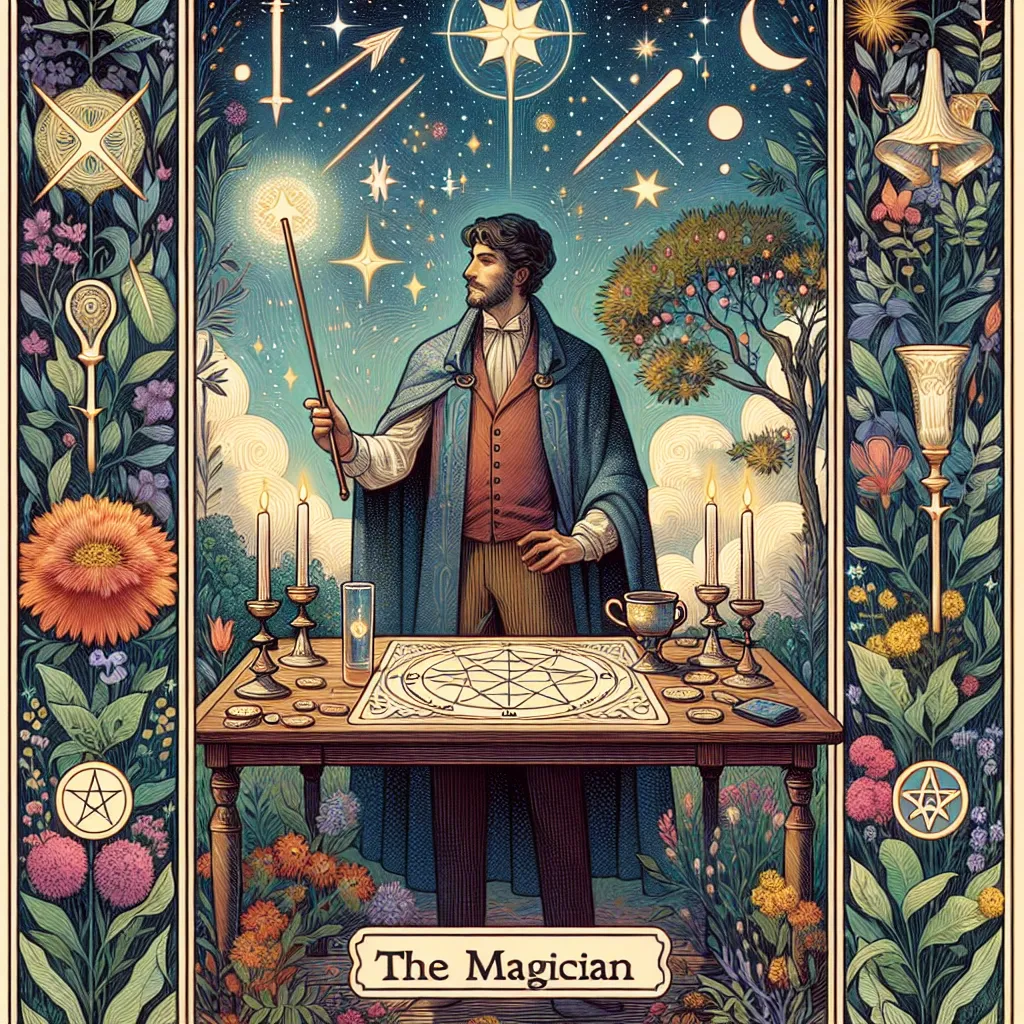 Create an illustration of The Magician tarot card featuring a wise and confident figure standing at a wooden table. The character should be surrounded by mystical symbols and elements representing each of the four classic suits: a sword, a cup, a pentacle, and a wand. The magician holds a wand aloft with one hand, symbolizing directing energy. In the background, an ethereal garden flourishes under a sky filled with stars and celestial wonders, capturing an aura of infinite possibilities and serene confidence.