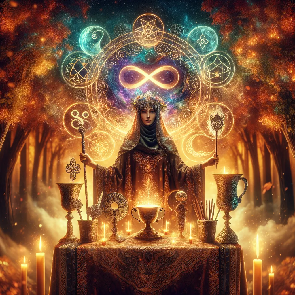 Create an artistic depiction of a tarot card named The Magician. The image should show a self-assured Middle-Eastern figure standing behind a lavishly decorated altar engulfed in mystical symbols of the four elements - a wand, a cup, a sword, and a pentacle. The backdrop of this scene is a vibrant forest aglow with warm, ethereal light, which signifies creativity, potential and magic. The Magician is captured with a calm, serene countenance, an infinity symbol resting above her head, symbolizing boundless mastery and immense possibilities.