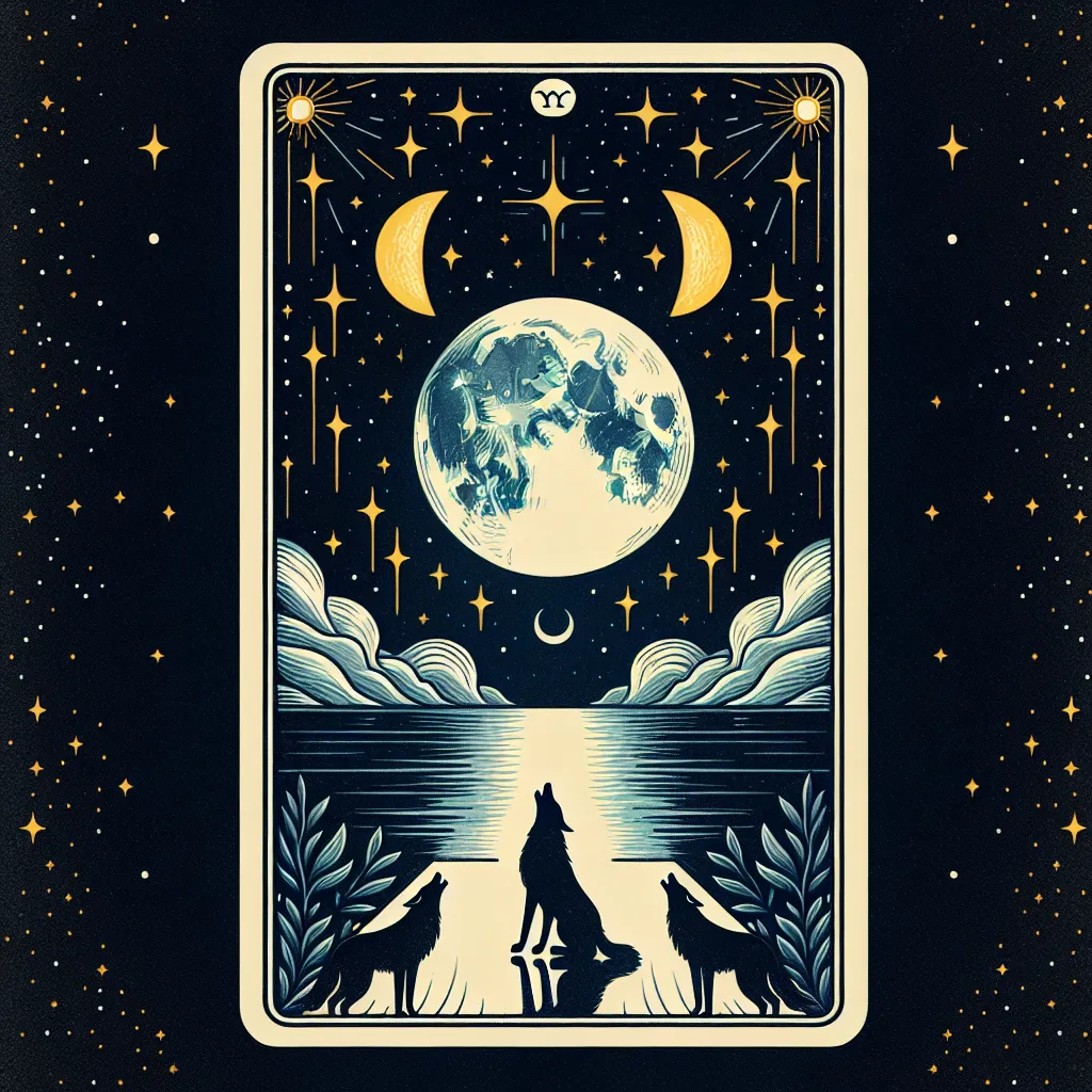 Generate a whimsical depiction of 'The Moon' tarot card. The image should prominently feature a brightly glowing moon in the center, set against a backdrop of a star-filled night sky. Below, there should be an implied presence of a dark, tranquil ocean. The subtle silhouettes of a pair of wolves, howling, which represents intuition and fears, should be included. Moreover, the image should contain a pathway leading towards the distant horizon as a symbolic representation of the unconscious journey that this card signifies.