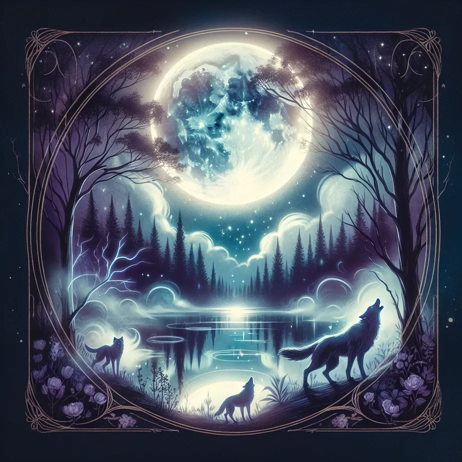 Create an ethereal and mystical scene illustrating 'The Moon' tarot card. Imagine a serene nighttime landscape with a brilliant full moon casting a luminous glow over a tranquil lake. Include silhouettes of howling wolves and wisps of fog drifting across the water. Add elements of mystery, such as a path leading into the woods under arching trees. The overall atmosphere should be one of enchantment and introspection, with a touch of surrealism.