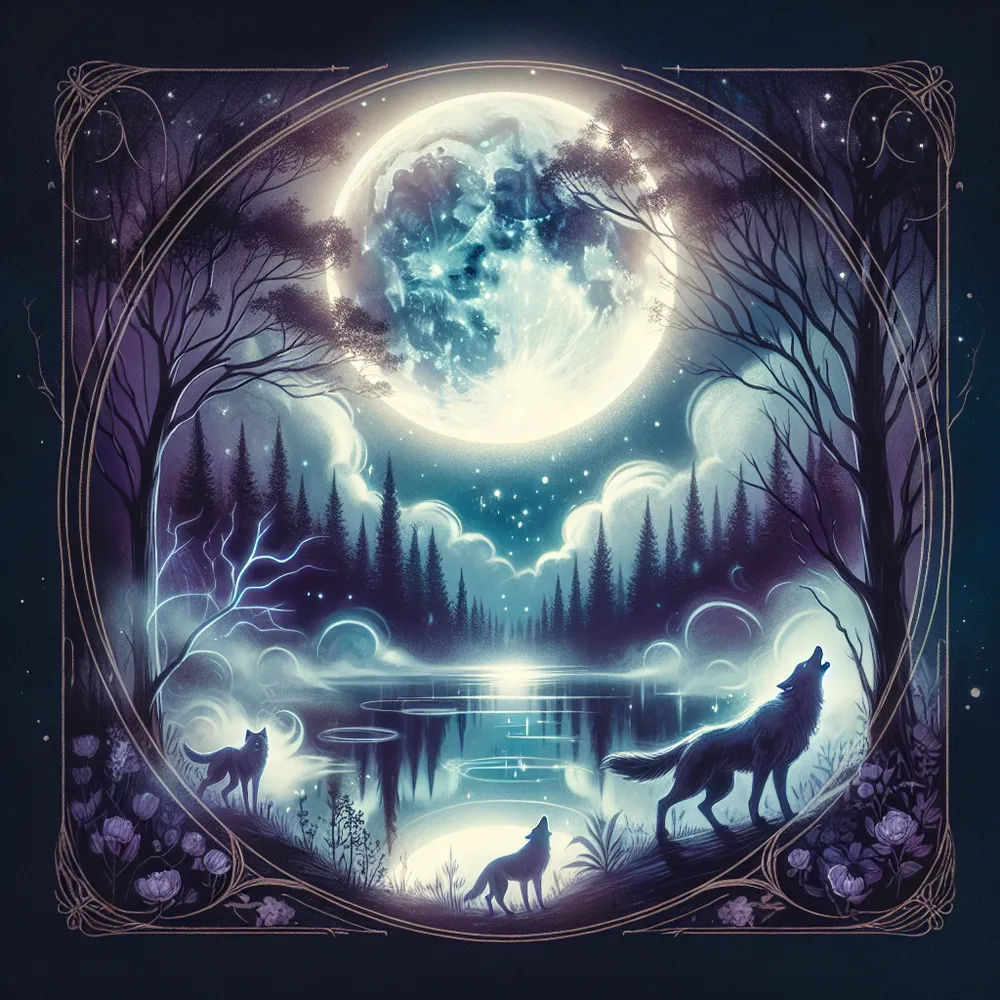 Create an ethereal and mystical scene illustrating 'The Moon' tarot card. Imagine a serene nighttime landscape with a brilliant full moon casting a luminous glow over a tranquil lake. Include silhouettes of howling wolves and wisps of fog drifting across the water. Add elements of mystery, such as a path leading into the woods under arching trees. The overall atmosphere should be one of enchantment and introspection, with a touch of surrealism.