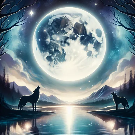 Create a mystical, enchanting tarot card illustration of The Moon. The scene is set at night with a large, luminous full moon shining brightly in the sky, casting a soft, ethereal glow over a serene landscape. Below, there is a tranquil, reflective body of water with gentle ripples. Two howling wolves stand on opposite banks, one dark and one light, symbolizing balance and duality. In the foreground, mysterious dark trees arch over the scene, their branches whispering secrets. The atmosphere is dreamlike and otherworldly, evoking a sense of introspection and wonder.