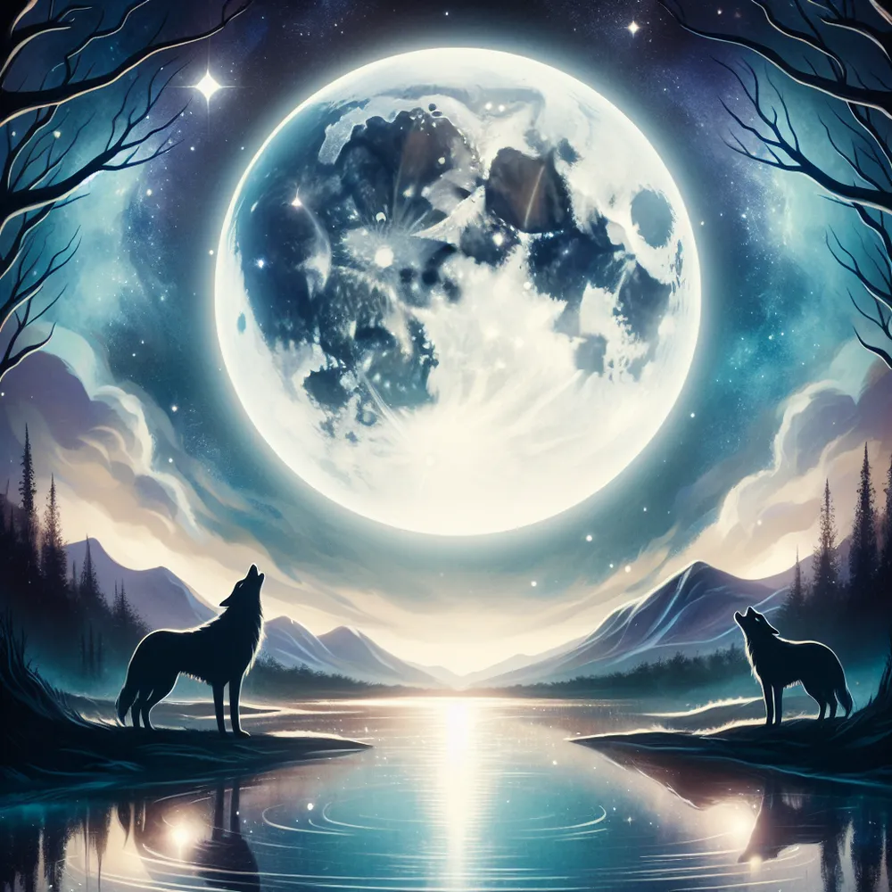Create a mystical, enchanting tarot card illustration of The Moon. The scene is set at night with a large, luminous full moon shining brightly in the sky, casting a soft, ethereal glow over a serene landscape. Below, there is a tranquil, reflective body of water with gentle ripples. Two howling wolves stand on opposite banks, one dark and one light, symbolizing balance and duality. In the foreground, mysterious dark trees arch over the scene, their branches whispering secrets. The atmosphere is dreamlike and otherworldly, evoking a sense of introspection and wonder.
