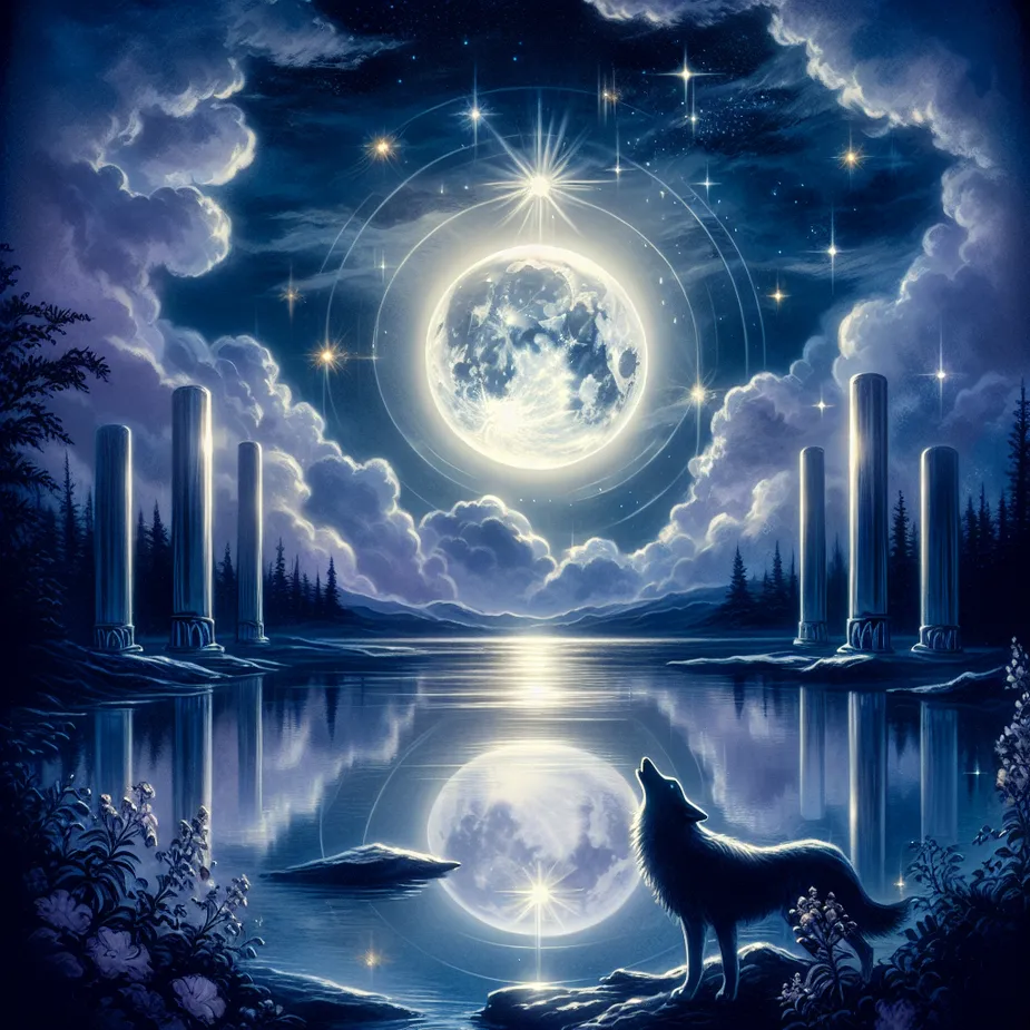 Create a mystical and serene tarot card image depicting The Moon. The scene features a luminous full moon illuminating a tranquil night sky, with subtle hints of shadowy clouds and twinkling stars. In the foreground, a tranquil landscape unfolds, perhaps with a reflective body of water mirroring the moonlight. Include symbolic elements like a wolf and a dog howling at the moon, and a narrow path leading between two towering pillars, suggesting the journey toward inner insight and wisdom. Use rich blues, silvers, and purples to evoke a sense of mystery and introspection.