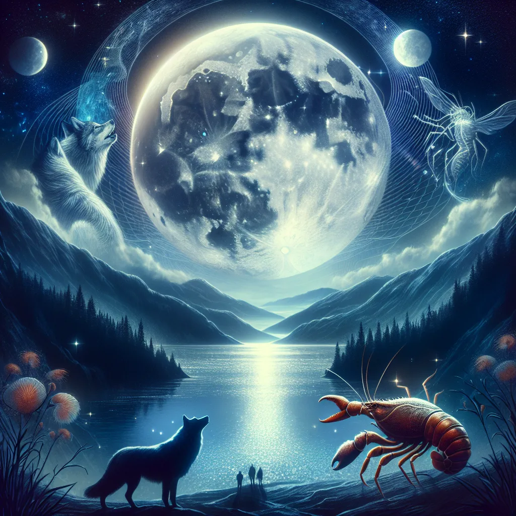 Create a mystical and ethereal image of a tarot card scene featuring The Moon. The setting is a moonlit night with a large, glowing full moon casting shimmering light over a landscape of undulating hills and a calm lake. In the foreground, include a pair of howling wolves and a crustacean crawling towards the water, symbolizing subconscious exploration. The sky is deep indigo, specked with stars, creating a dreamlike atmosphere. Artistic elements of illusion and duality are woven into the scene, inviting a sense of introspection and mystery.