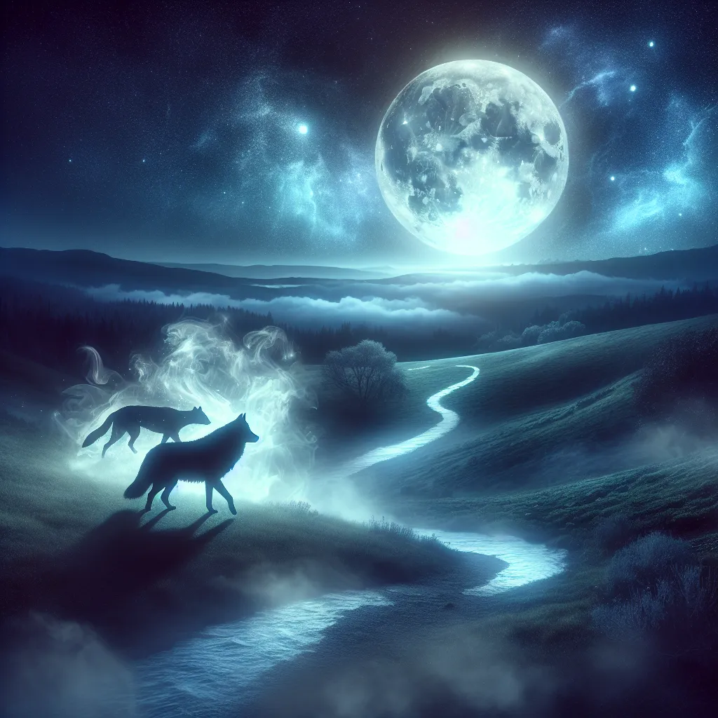 Create an image of a mystical and dreamlike night scene under a full moon. The landscape shows a winding path under the moon's luminescent glow, surrounded by a wolf and a domesticated dog symbolizing wild and tamed instincts. Include ethereal elements like mist and shadows gently embracing the scene. The overall tone should be mysterious, serene, and subtly surreal, capturing the essence of introspection, intuition, and hidden emotions.